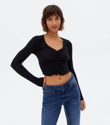 Black Ribbed Ruched Long Sleeve Crop ...